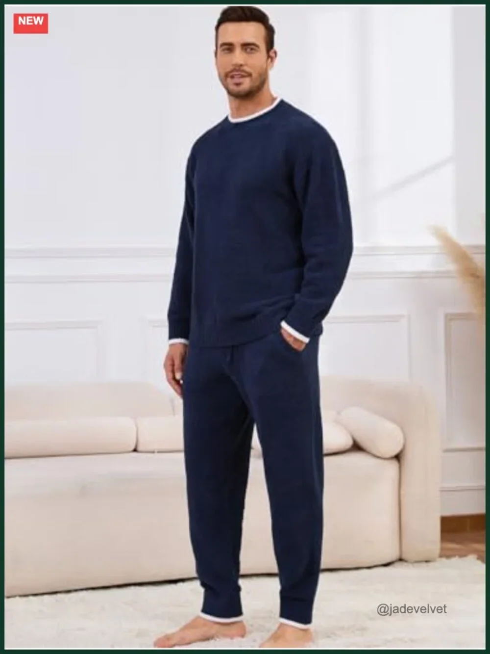 Men's Microfiber Pajama Set Long Sleeve Fleece Winter Sleepwear with Pockets